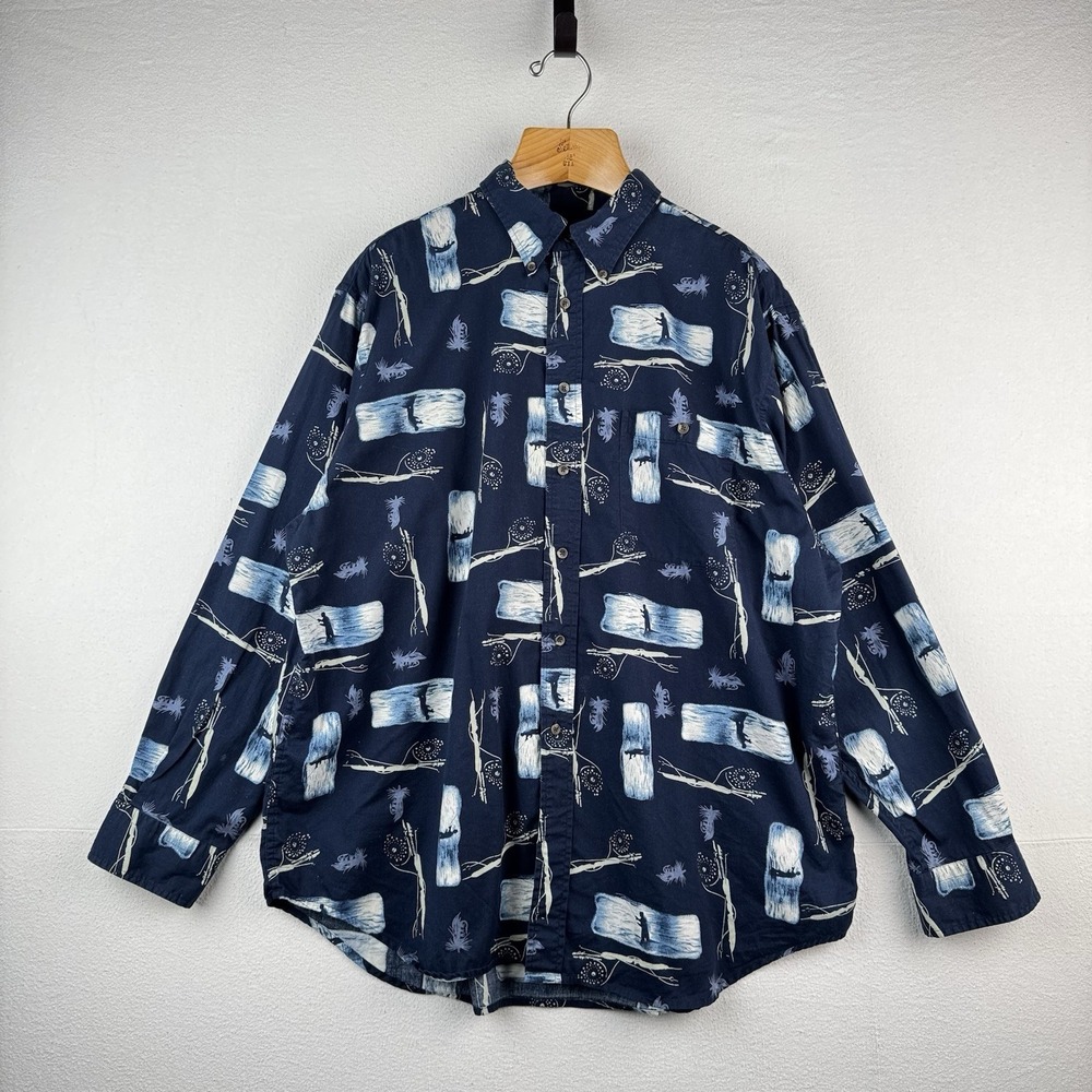 Fly Fishing Fisherman Men's XL Navy Blue Button Up Shirt 100% Cotton Long Sleeve